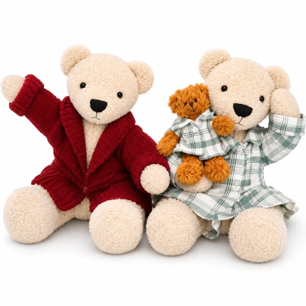 Two cream memory bears in a red cardigan and green plaid, holding a smaller matching bear